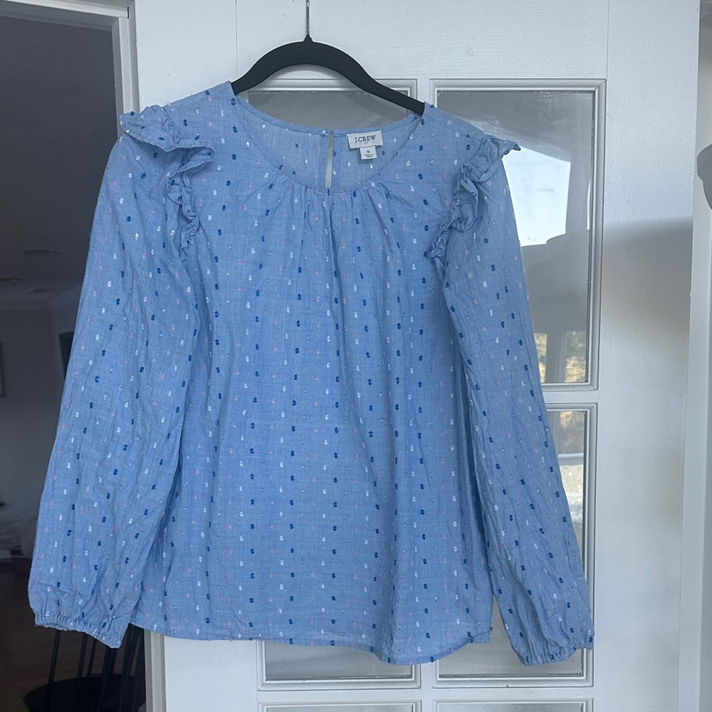 J. Crew Blue Textured Blouse with Ruffle Detail
